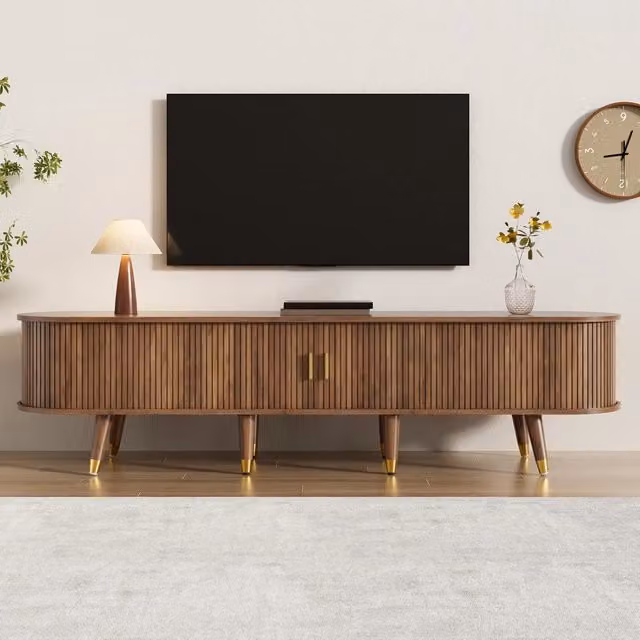 Mobile TV con Ante Scorrevoli in Rattan ¨C MINIMAL ¨C Noce, MDF, Cassetto, Ripiani, 175 cm