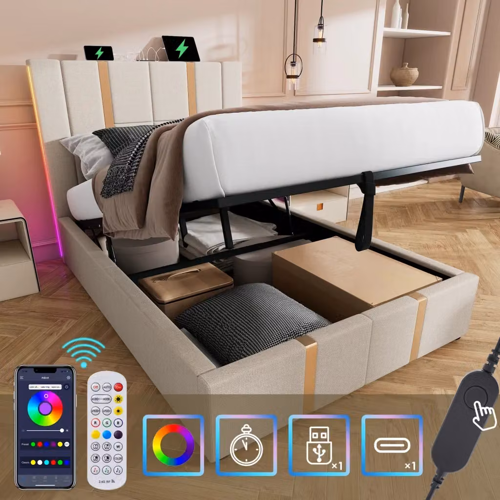 Letto contenitore singolo OKWISH in lino beige con base a sollevamento, illuminazione sottostante, porte USB e USB-C, L/P: 90 x 200 cm – 2