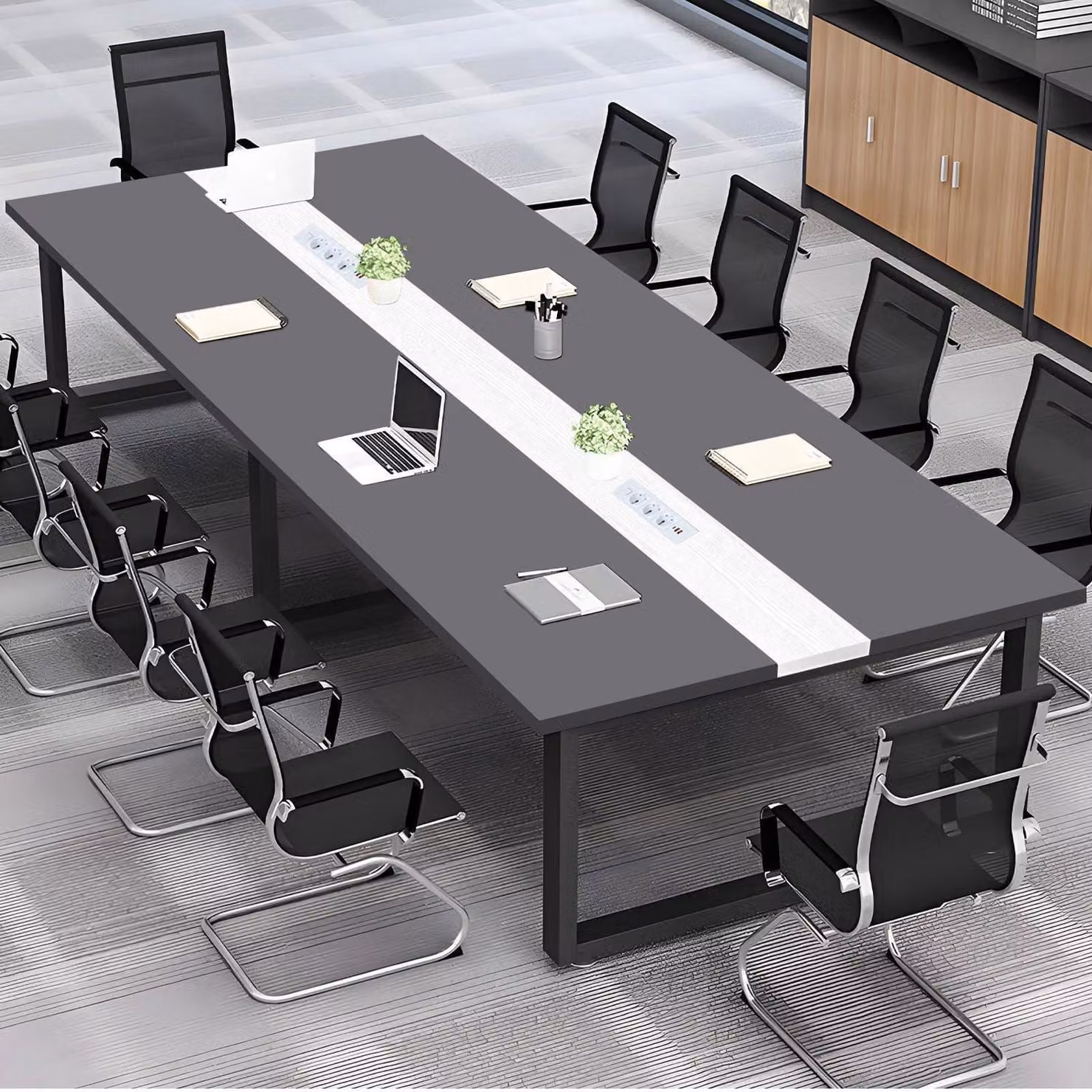 Tavolo da conferenza con sistema di gestione dei cavi, dimensioni 240x120x74 cm, design moderno, ideale per l'ufficio