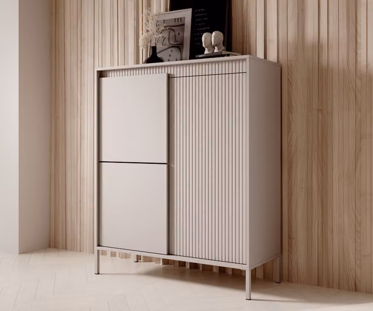 AX LIVING Trentinis 3T Credenza alta moderna beige, 103,5 cm, con superficie rigata