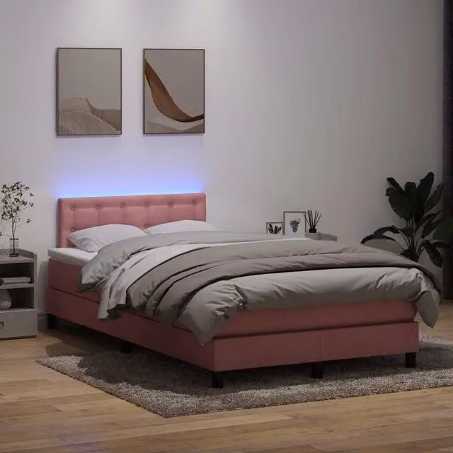 Letto con Materasso a Molle Individuali vidaXL in Velluto Rosa con Illuminazione LED e Porte USB L/P/H: 120 x 223 x 88 cm – 1