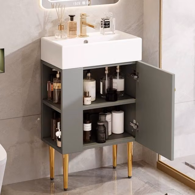 Mobile sottolavabo da bagno OKWISH con lavabo in ceramica e ripiani interni, design moderno grigio e bianco