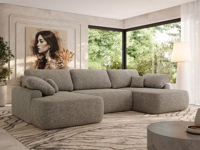 MKS MEBLE Divano angolare a U, molla a onda, divano angolare con funzione letto, box letto e cuscini sciolti, 370x187x100cm - CUBO U - Struttura grigia