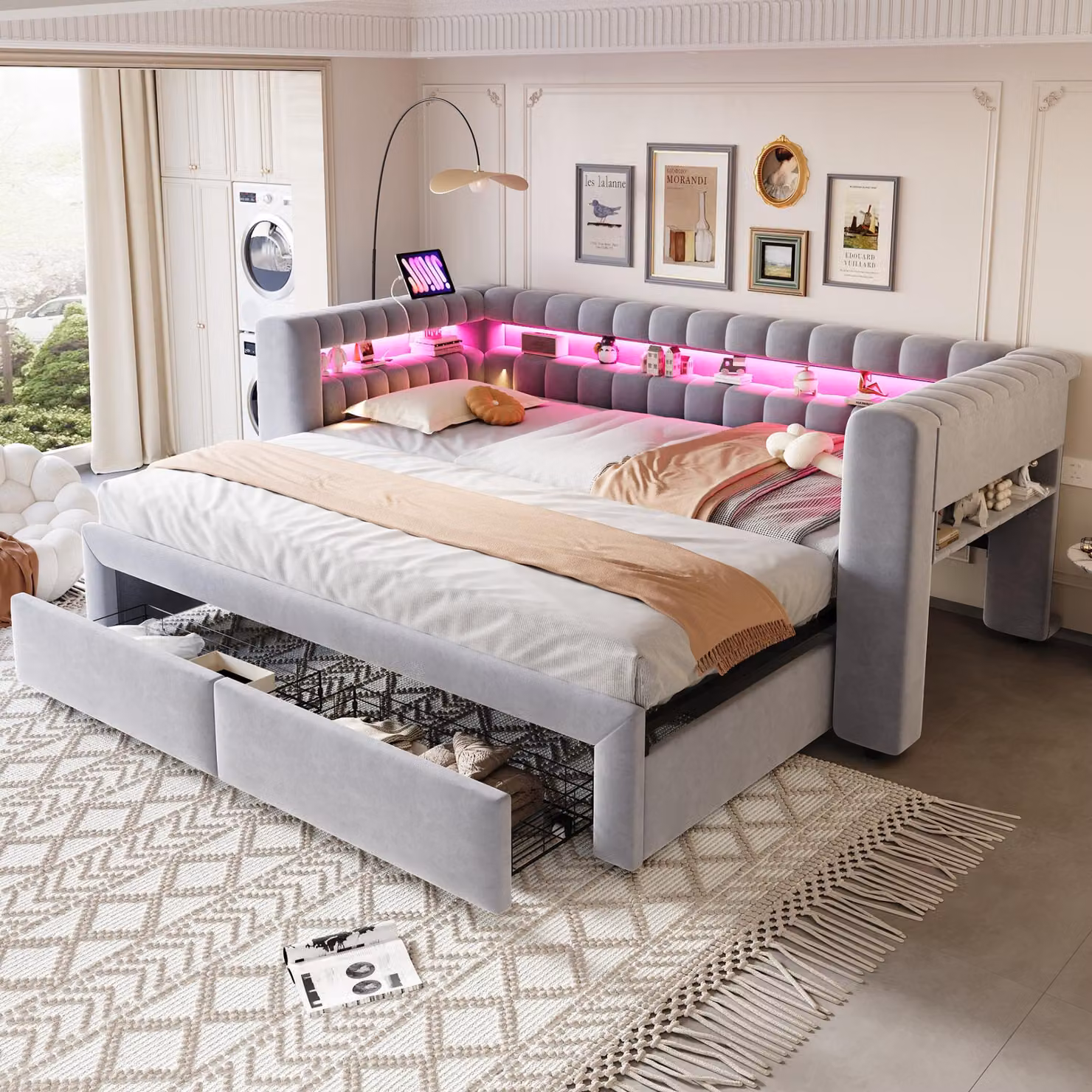 Divano letto Flieks 90x190 cm con letto estraibile 90x190 cm, divano letto trasformabile in chaise longue con porta USB, letto per ragazzi con contenitore e cassetti, tessuto velluto, colore grigio chiaro