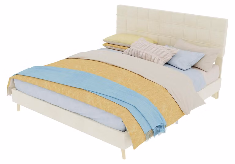 Letto imbottito 160x200 cm, beige, con rivestimento in tessuto, testiera imbottita a motivi a quadri e gambe in legno, ideale per la camera da letto