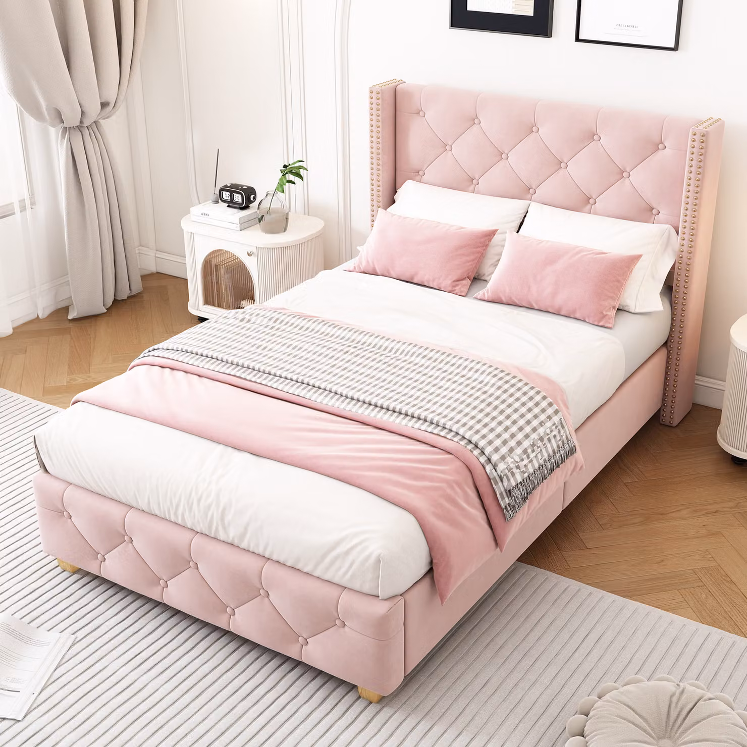 STILVORA Letto imbottito 90×200 cm Letto per ragazzi con struttura a bottoni e testiera, imbottitura in schiuma, velluto, senza materasso, rosa