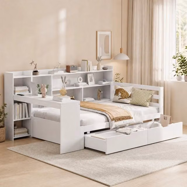 Letto da giorno ULEVR 90x200 cm con scrivania, libreria, 2 cassetti e prese USB, bianco