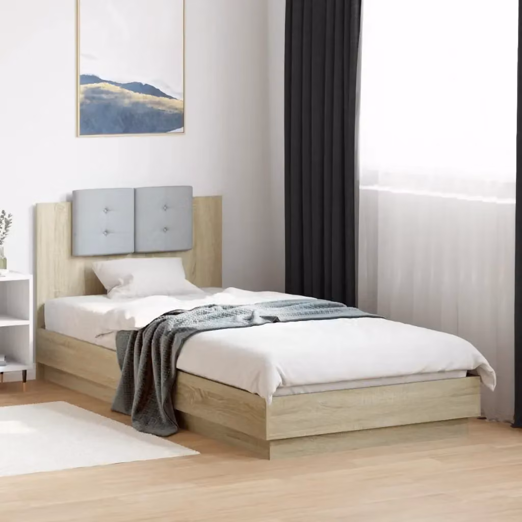 Letto singolo moderno DESIGN IN con testiera, illuminazione LED sottostante e porta di ricarica USB, Rovere Sonoma, L: 90 cm, P: 200 cm – 2
