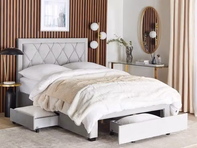 Letto contenitore Glam Design in velluto grigio con cassetti e testiera alta L/P/H: 140 x 200 x 145 cm – 1