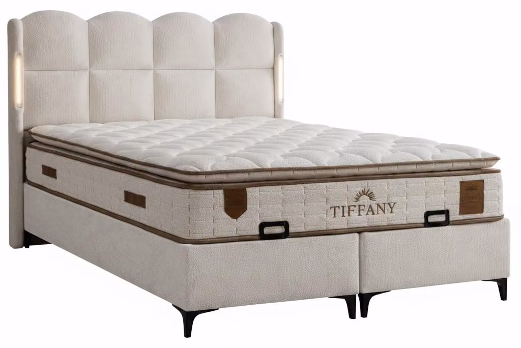 Letto con materasso, stile moderno, beige, con contenitore, rivestimento in tessuto