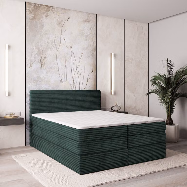 Letto Masseno a molle LUNERA 140x200 cm completo di materasso e topper Bonell, letto imbottito con cassettiera -Verde, TILIA 39
