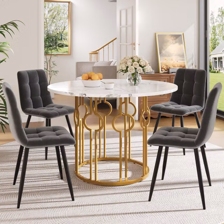 Set tavolo da pranzo Sweiko (5 pezzi), set tavolo da pranzo con 4 sedie, set tavolo da cucina, tavolo da pranzo rotondo con diametro di 100 cm e gambe in metallo dorato, piano tavolo in MDF bianco, sedie da pranzo in velluto grigio scuro