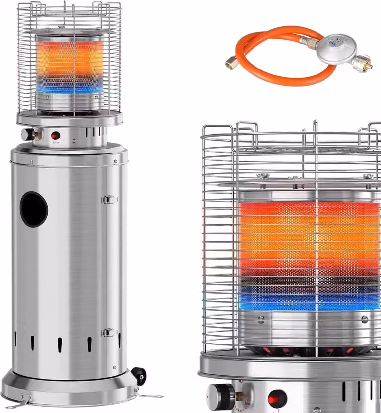 Riscaldatore a gas per esterni - Riscaldatore da terrazza da 6,5 kW - Modello mobile con ruote - Raggio di riscaldamento: 3,5 metri - Altezza: 125 cm - Colore: argento
