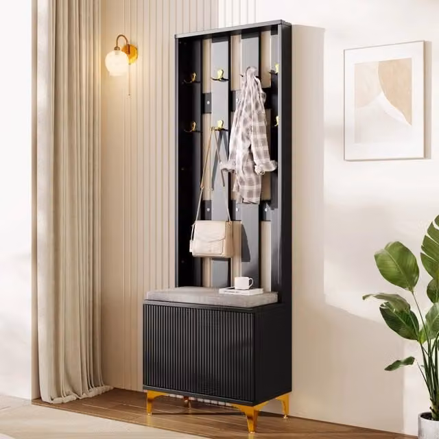 Mobile da ingresso OKWISH moderno in MDF nero e oro con ante ondulate soft-close e ripiani regolabili L/P/H: 60,5 x 35,2 x 180,5 cm