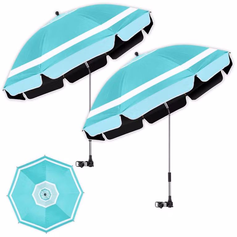 Confezione da 2 sedie da spiaggia con ombrellone, altezza 124 cm, colore turchese/bianco, con sistema di fissaggio, protezione UV UPF50+, girevole a 360°
