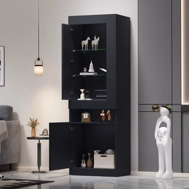 Vetrina moderna WISHDOR con ante in vetro e illuminazione integrata, nero opaco, L 50 cm x P 40 cm x H 180 cm