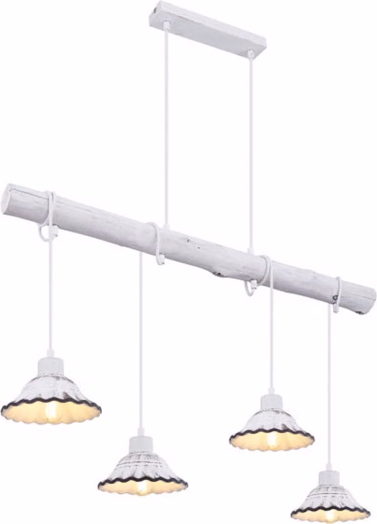 Globo Lighting lampada a sospensione in metallo verniciato, legno bianco, Vetroceramica bianca, nero, cavo tessile bianco, cavo da avvolgere, LxLxH: 850x170x1200mm, escl. 4x E27 40W 230V
