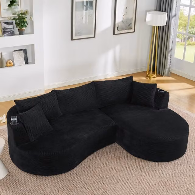 Divano Angolare 3 Posti con Chaise Longue ¨C MINIMAL ¨C Velluto a Coste, Nero, con Cuscini