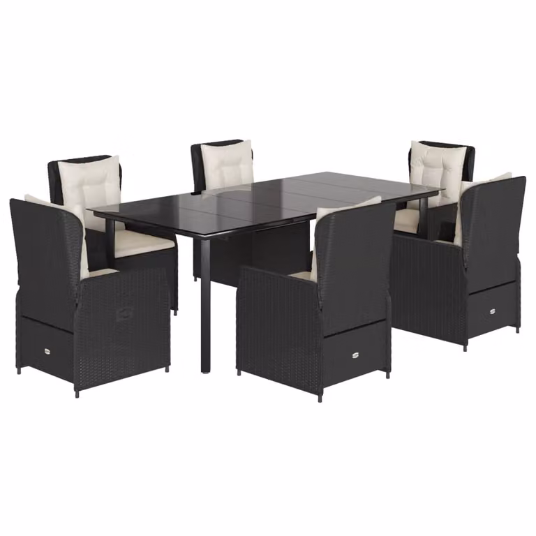 Set da Pranzo da Giardino 7 pz Nero con Cuscini in Polyrattan