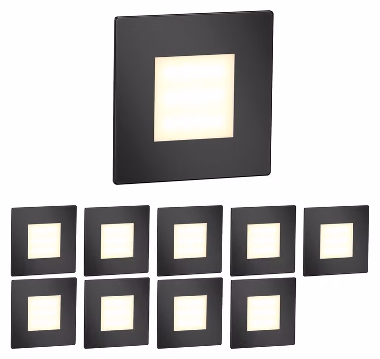 Lampada a LED per gradini, modello FEX, confezione da 10 pezzi, quadrata, colore nero, dimensioni 85x85 mm, luce bianco caldo