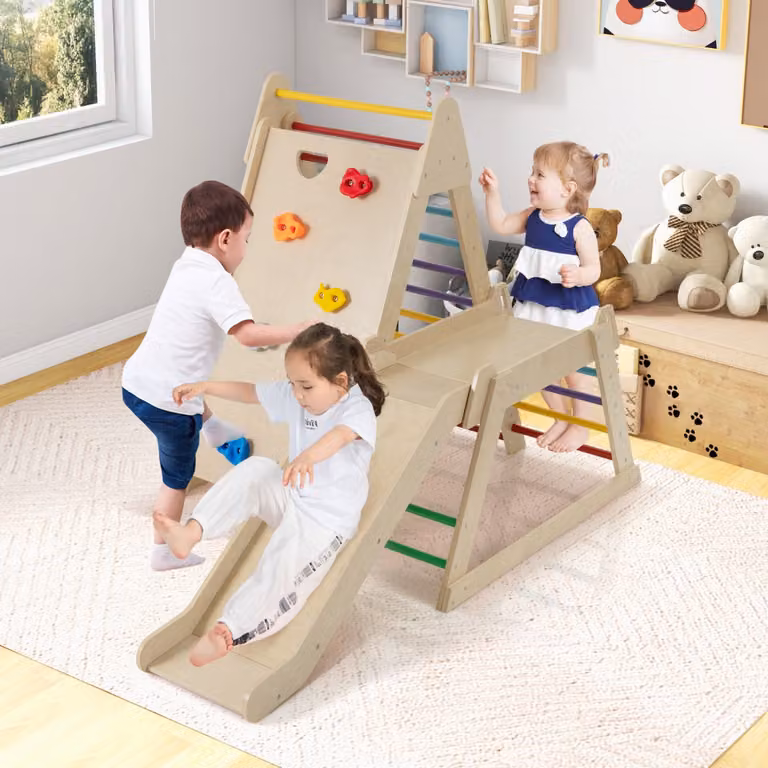 Costway Palestra Jungle 3 in 1 Multicolore in Legno con Scivolo Esteso e Scaletta per Bambini
