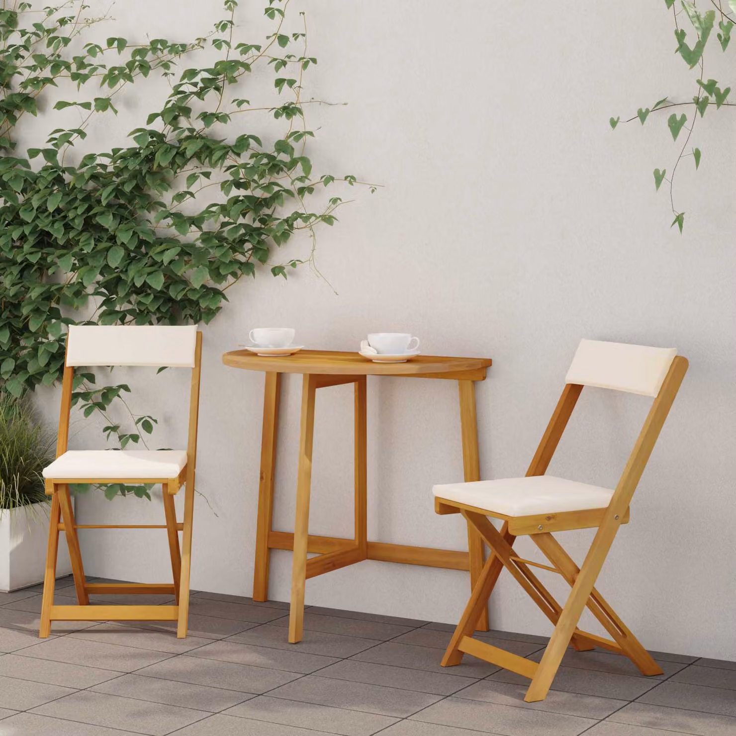 Set di 2 sedie bistro da giardino vidaXL in legno di acacia con cuscini bianco e beige