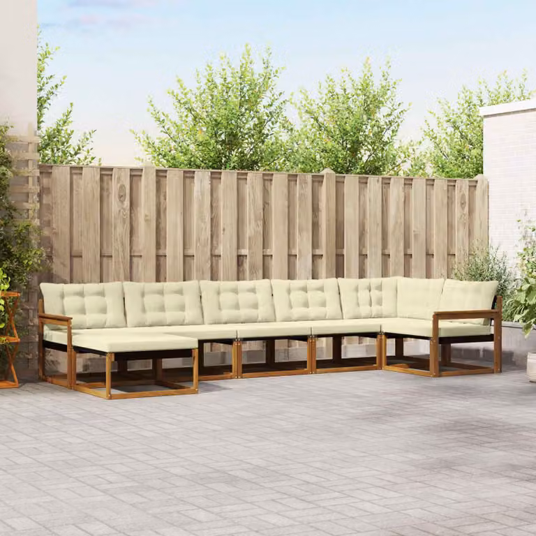Set di divani da esterno vidaXL 7 pz in legno di acacia con cuscini beige e crema, design moderno a L con elementi angolari e pouf, resistente alle intemperie e ai raggi UV