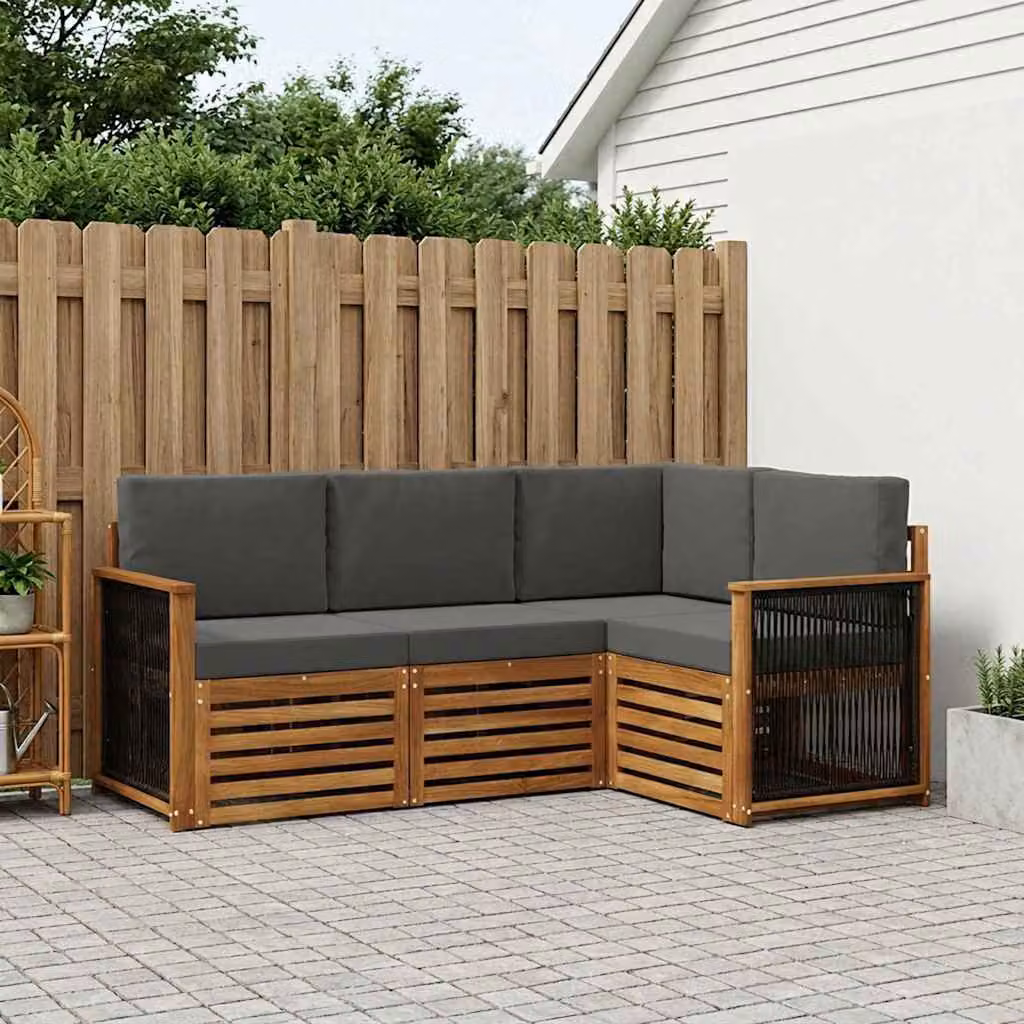 Set di divani da esterno vidaXL a forma di L composto da 4 pezzi in legno di acacia con cuscini in poliestere resistente ai raggi UV, colori marrone e grigio