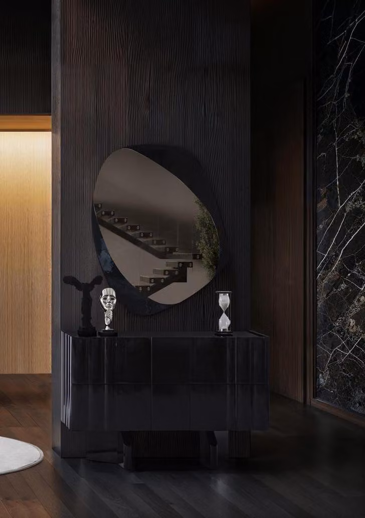Comò da trucco moderno, nero, elegante, con specchio, consolle da trucco