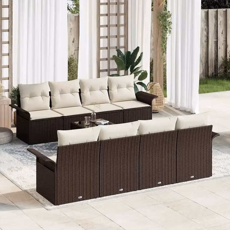 Set Divano da Giardino vidaXL 9 Pezzi Marrone con Cuscini e Tavolino in Polyrattan e Metallo