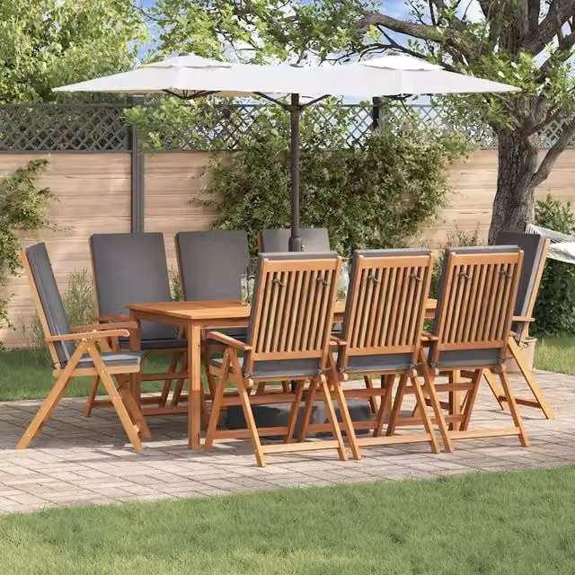 Set da giardino vidaXL in legno di teak con 8 sedie e cuscini, marrone e grigio