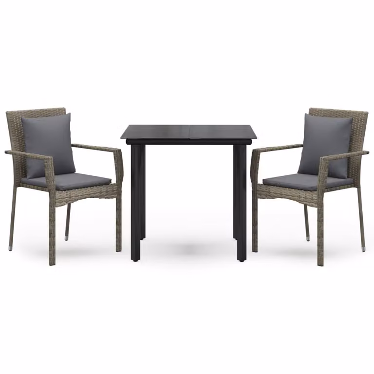 set da pranzo da giardino 3 pezzi con cuscini in poly rattan nero e grigio