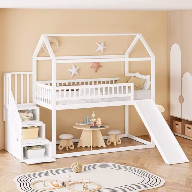 Letto a castello per bambini in legno massello 90 x 200 cm con scivolo e scala contenitore, sponde alte, rete a doghe - Bianco