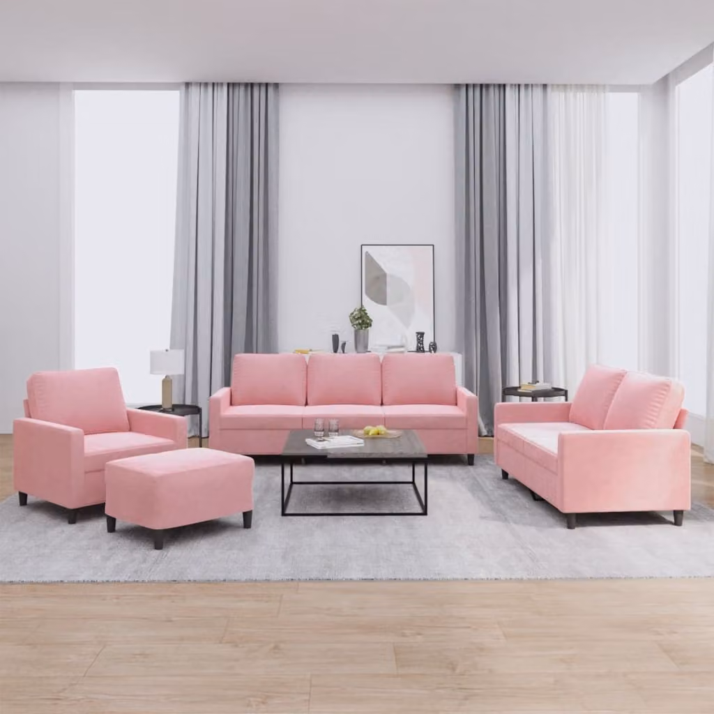 vidaXL Set di Divani 4 Pezzi in Velluto Rosa con Cuscini e Pouf per Soggiorno – 1