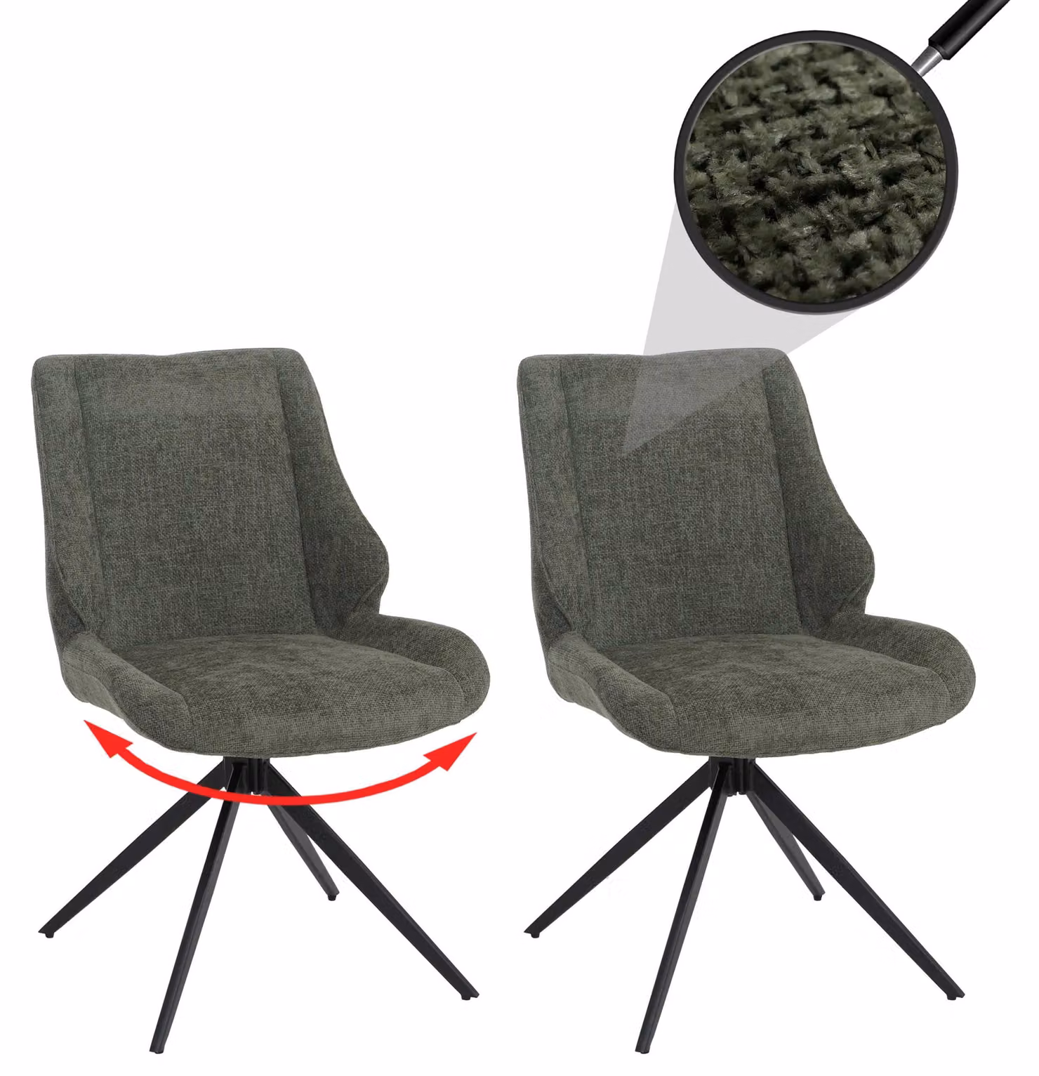 Set di 2 sedie da pranzo HWC-O48, sedia per cucina, girevole con ritorno automatico, rivestita in tessuto chenille (320g/m²), colore verde