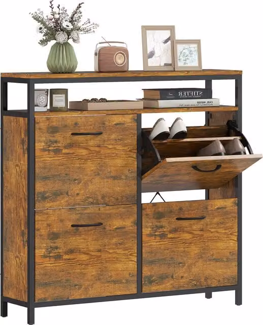 Scarpiera mobile HOMCOM marrone con 4 cassetti a ribalta e ripiano aperto, design stretto in stile industriale per 12-20 paia di scarpe – 1