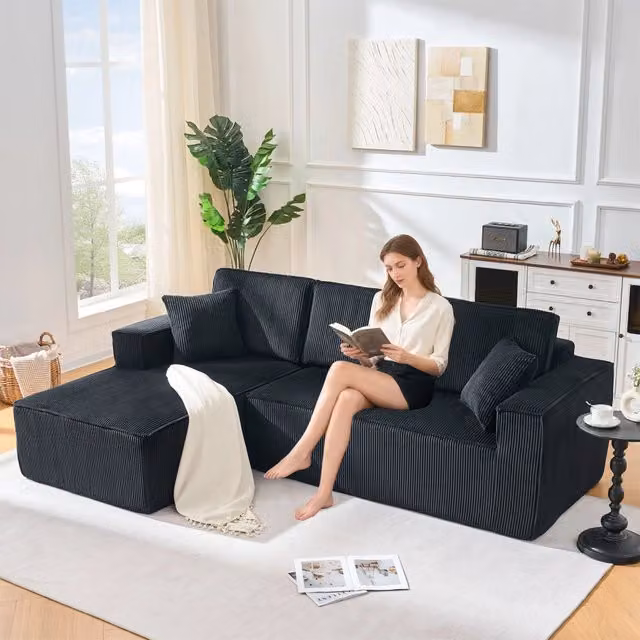 Divano angolare in tessuto - Zephmum- L, 2 posti + chaise longue, imbottitura in schiuma ad alta densit¨¤, nero