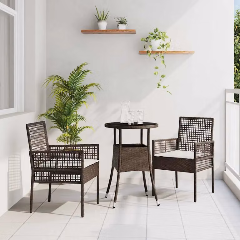 Set da pranzo per giardino e terrazzo vidaXL in polyrattan marrone e beige con tavolo rotondo in vetro, 3 pezzi