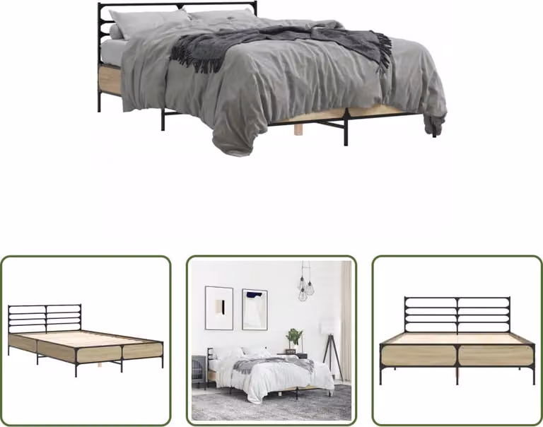 The Living Store Struttura per letto in rovere Sonoma 120x190 cm Materiale a base di legno e metallo