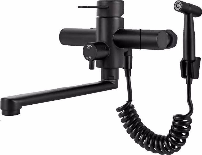 Miscelatore da cucina, girevole a 360°, da montare a parete, con funzione spray, colore nero