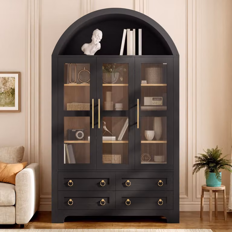 Armadio alto Flieks con 3 ante, 4 cassetti e vano aperto ad arco, mobile contenitore con maniglie in alluminio, mobile portaoggetti, colore nero