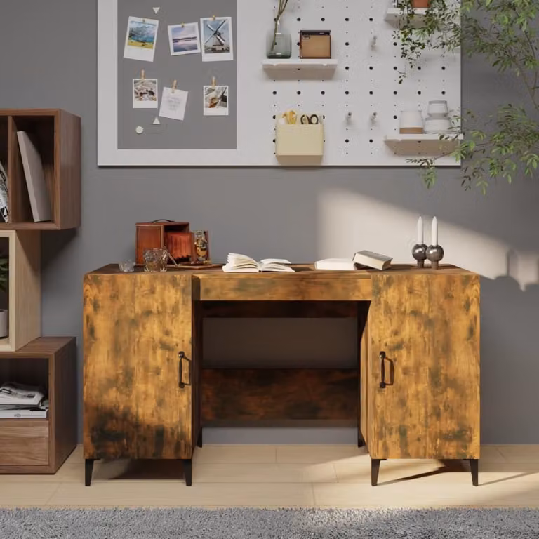 The Living Store Scrivania in rovere fumé 140x50x75 cm Materiale in legno