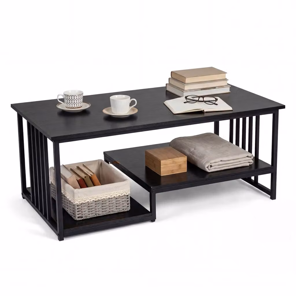 Tavolino da caffè rettangolare moderno con 2 ripiani portaoggetti e struttura in metallo, Nero, L: 110 cm, P: 60 cm, H: 45 cm – 2