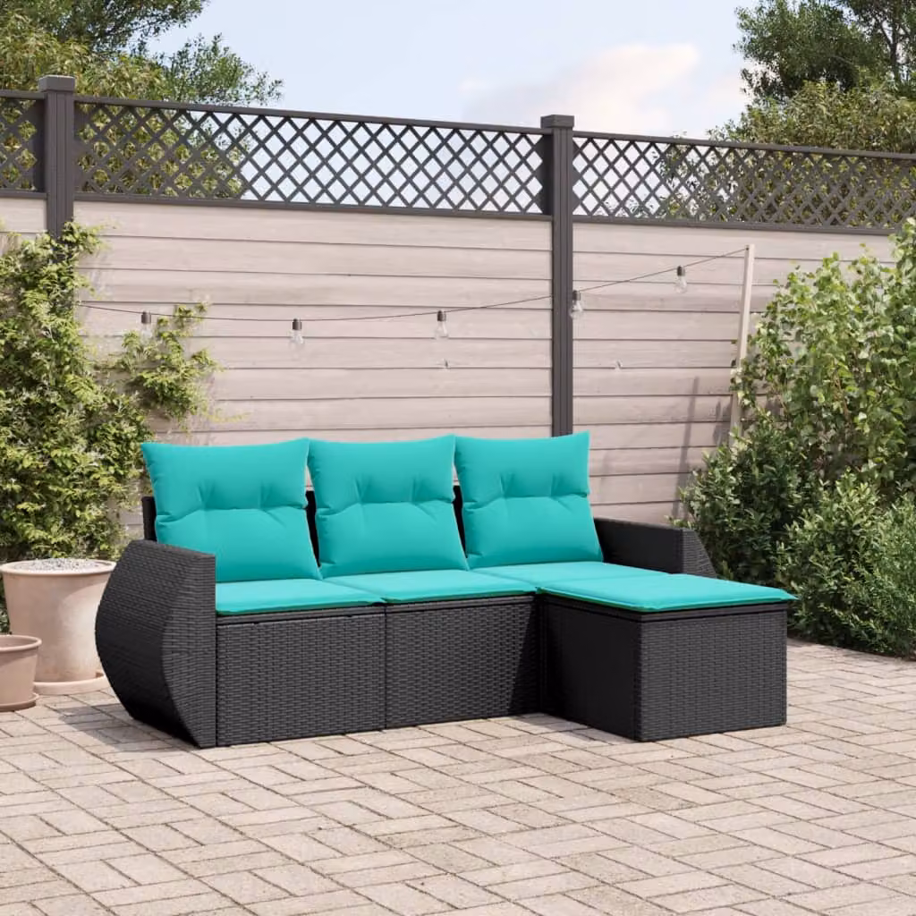 Set di divani da giardino vidaXL a forma di L con cuscini, struttura in polyrattan e metallo, colore nero