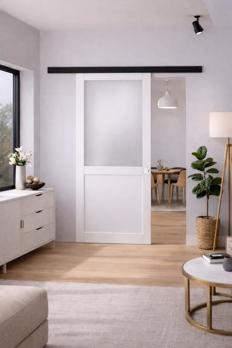 Porta scorrevole Athena bianca H204 x L73 cm, binario in alluminio con fascia nera, conchiglie bianche GD MENUISERIES