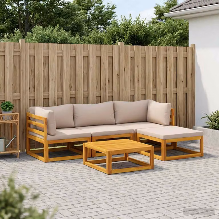 Set di divani da giardino vidaXL in legno di acacia massello con cuscini beige e tavolo da esterno, 5 pezzi