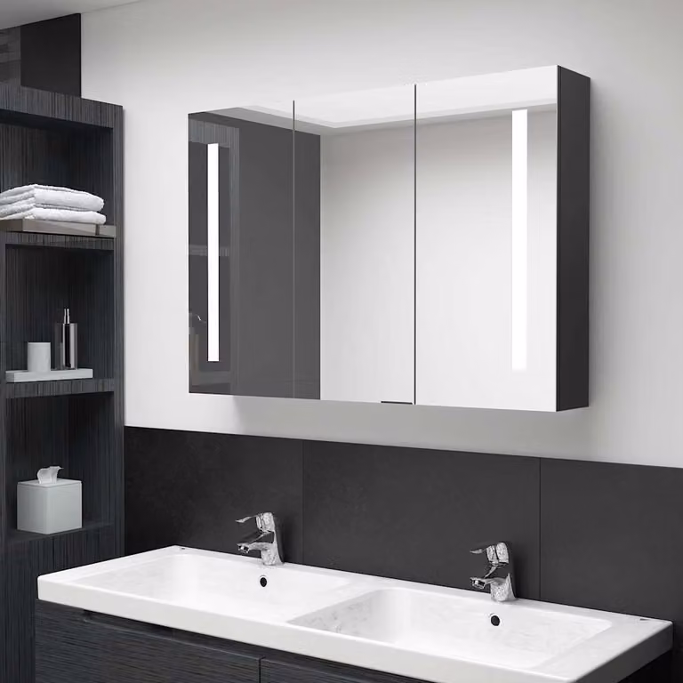 Armadietto da bagno con specchio e illuminazione LED vidaXL in nero lucido L: 89 cm, P: 14 cm, H: 62 cm