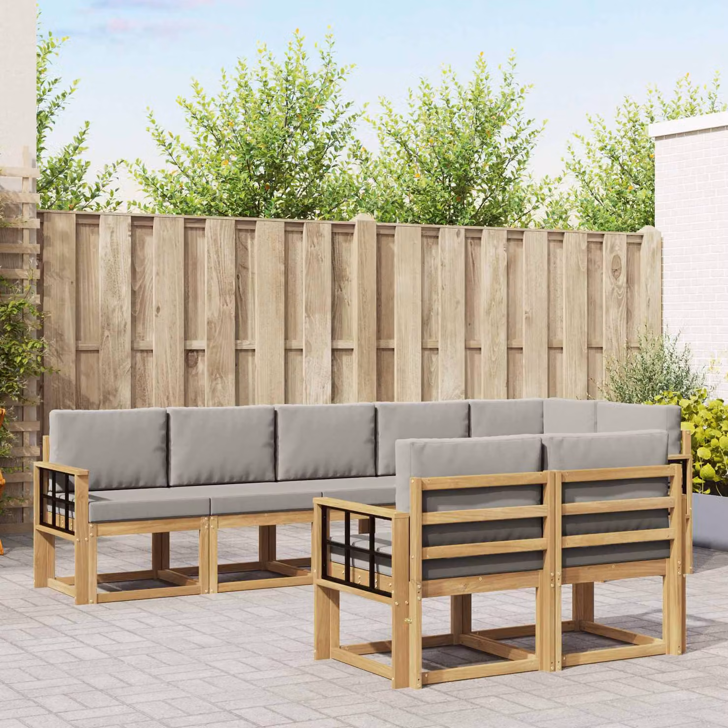 vidaXL Set di divani da esterno a L in legno di acacia con cuscini, 8 pezzi, Bianco, Grigio e Marrone