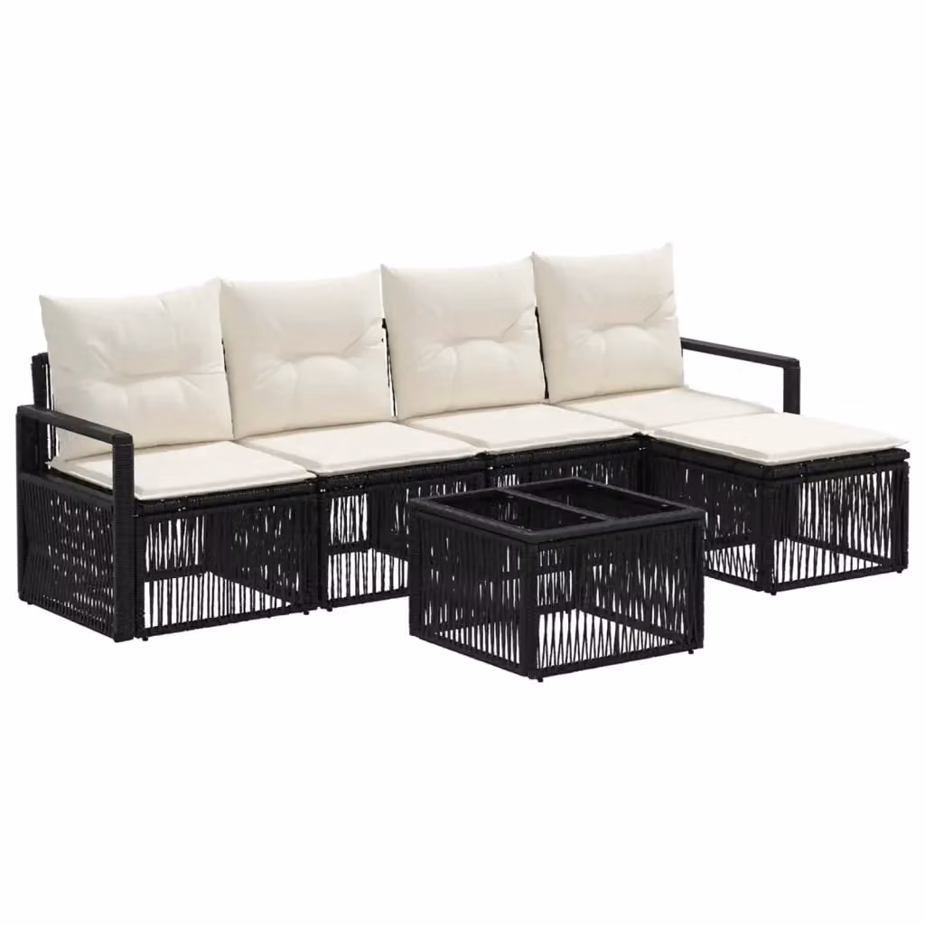 Set Divano da Giardino a L con Poltrona, Pouf e Tavolino vidaXL, Nero, 6 Pezzi con Cuscini Inclusi – 2