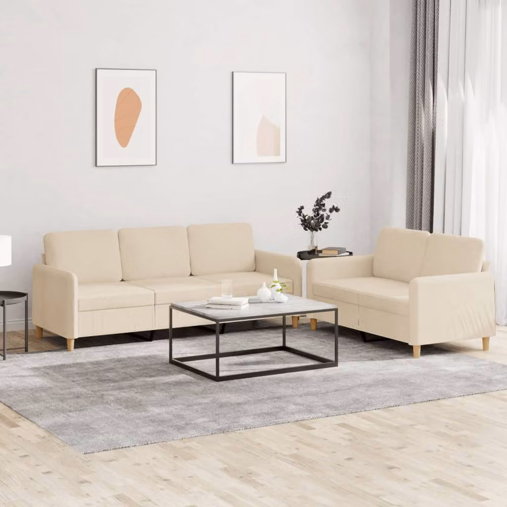 Set di divani vidaXL composto da un divano a 2 posti e uno a 3 posti in tessuto beige con cuscini inclusi e struttura in metallo e MDF per il tuo soggiorno